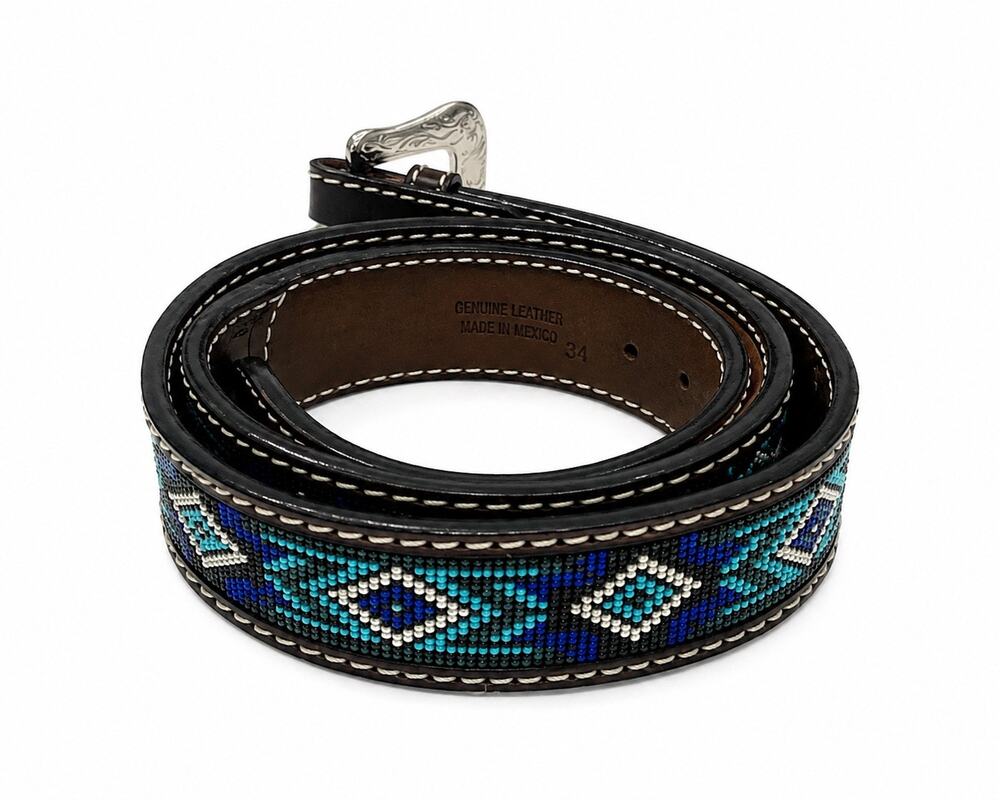 Twisted X 38 
Brown Leather Western Belt Bead Inlay Engraved Silver Buckle